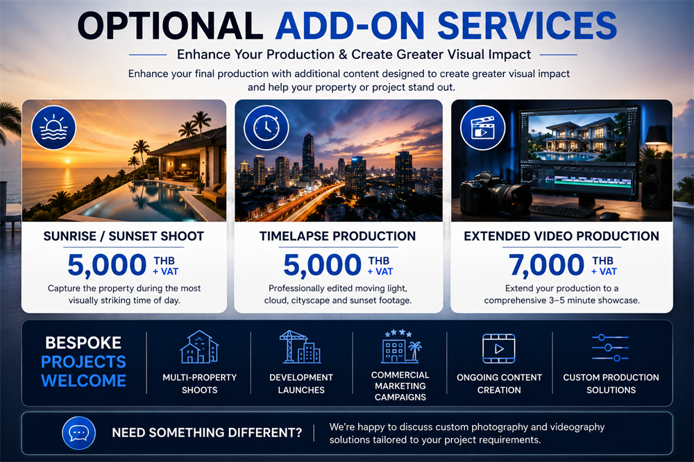 Optional property photography and videography add-on services in Pattaya including sunrise and sunset filming, timelapse production, extended video creation, and bespoke content solutions.
